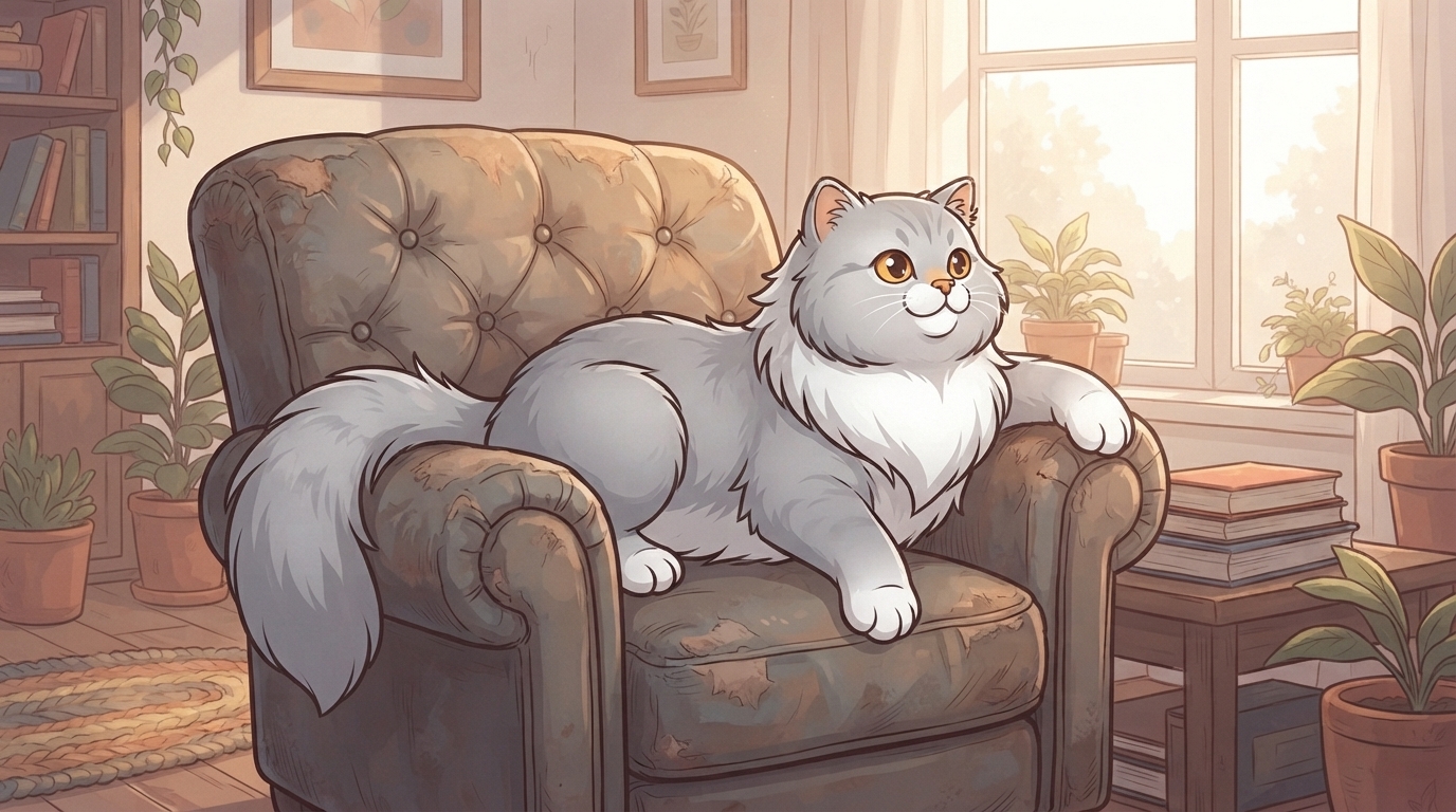 An illustrated gray and white Persian cat with a fluffy coat lounging regally in a vintage armchair inside a sunlit room.