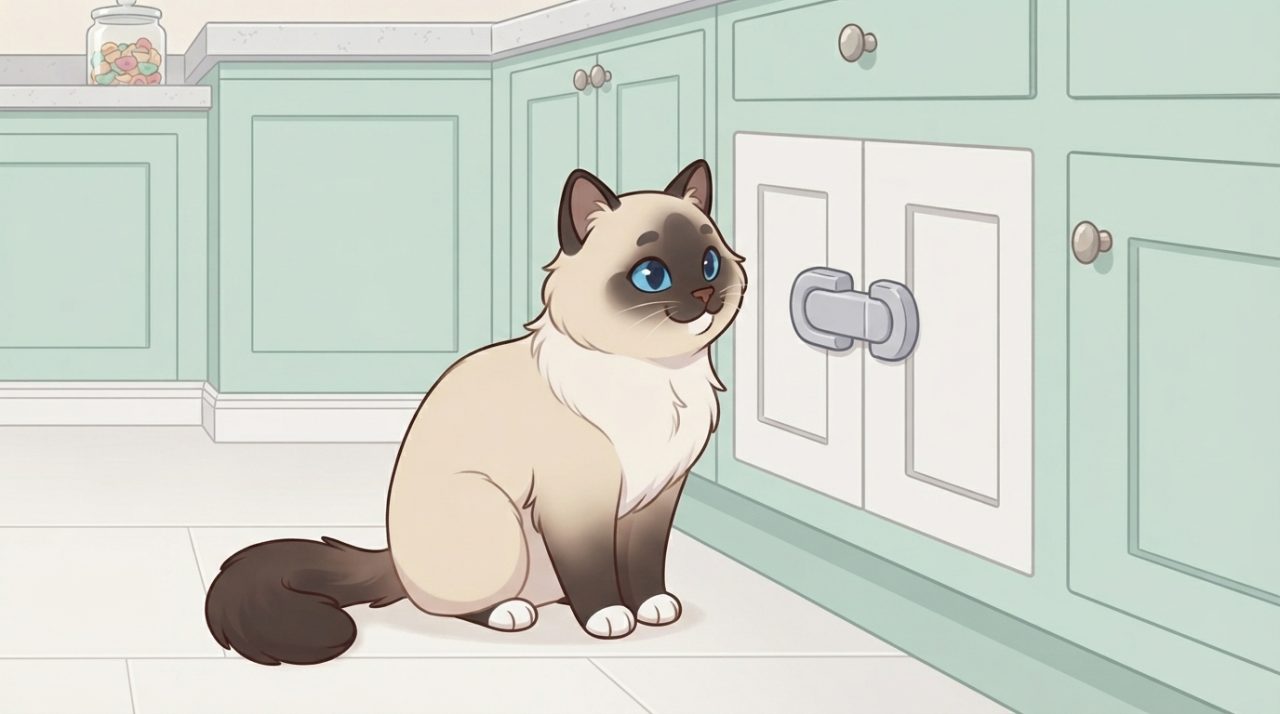 A Ragdoll cat sitting on a kitchen floor in front of a cabinet secured with a child safety latch.