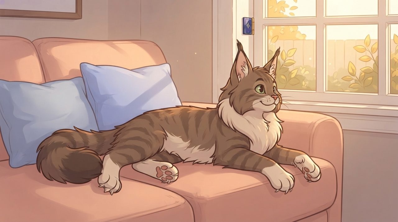 A fluffy brown tabby Maine Coon cat resting comfortably on a peach-colored sofa by a sunlit window.