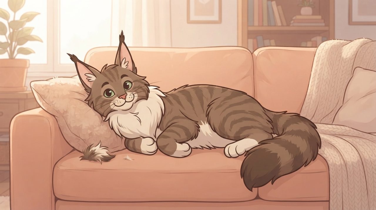 A fluffy brown tabby Maine Coon cat named Luna resting comfortably on a beige couch with a pillow.