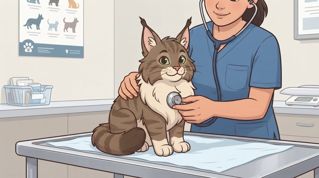 A friendly brown tabby Maine Coon cat sitting on an examination table while a smiling veterinarian listens to its heartbeat with a stethoscope in a clean clinic.