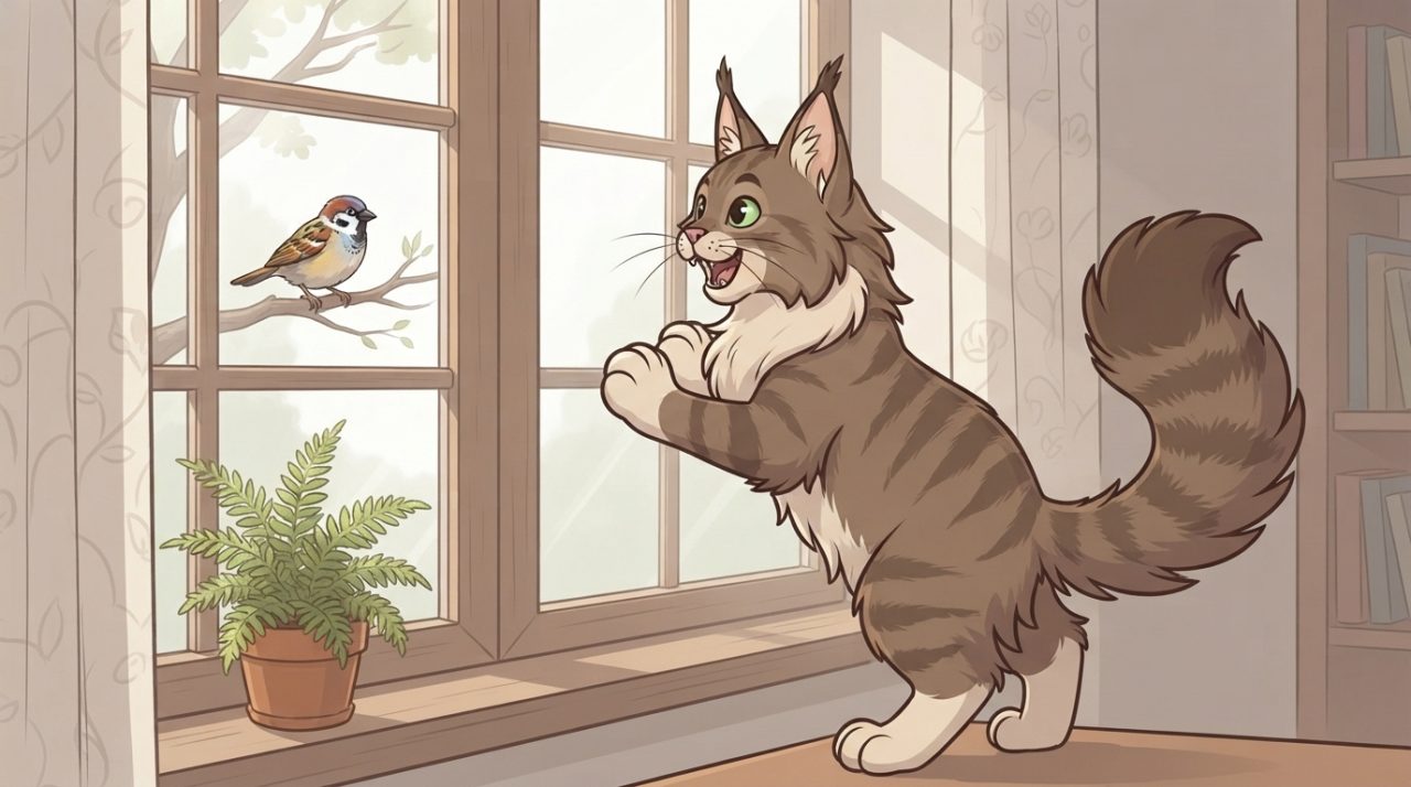 A fluffy brown Maine Coon cat standing on its hind legs on a windowsill, looking excited and chirping at a small sparrow perched outside