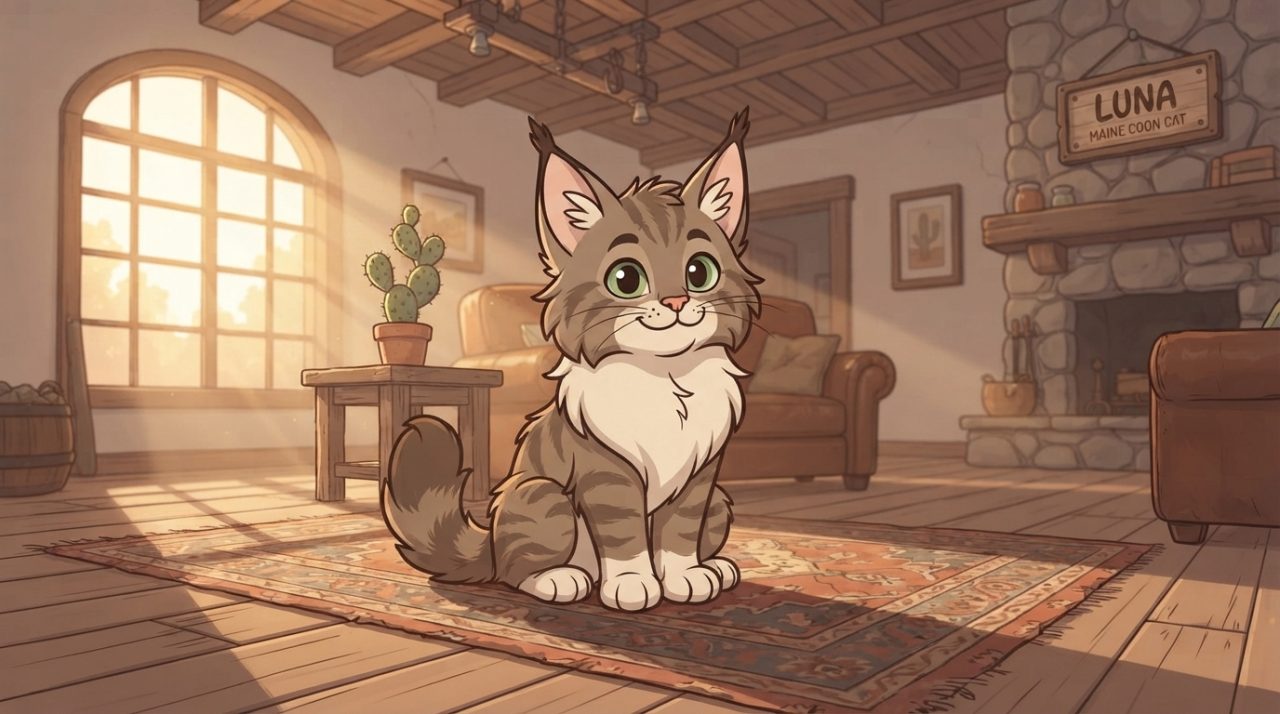 A fluffy brown tabby Maine Coon cat with green eyes sitting on a patterned rug in a cozy, sunlit living room with wooden beams and a stone fireplace.