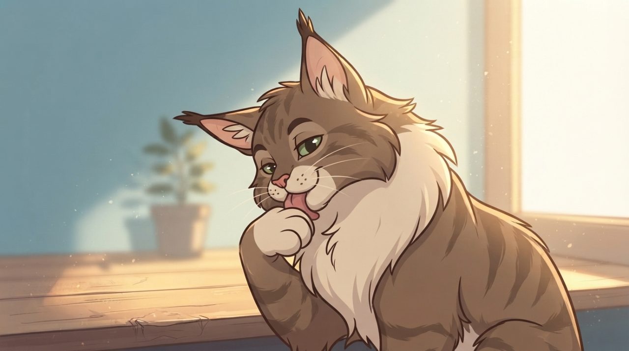 Cartoon Maine Coon cat grooming herself on a sunny windowsill, licking her paw