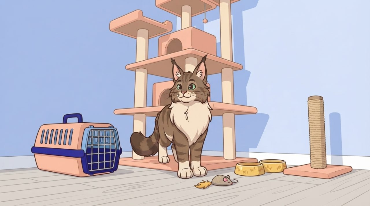 A fluffy brown tabby Maine Coon cat standing near a cat tree, a pet carrier, and food bowls indoors.