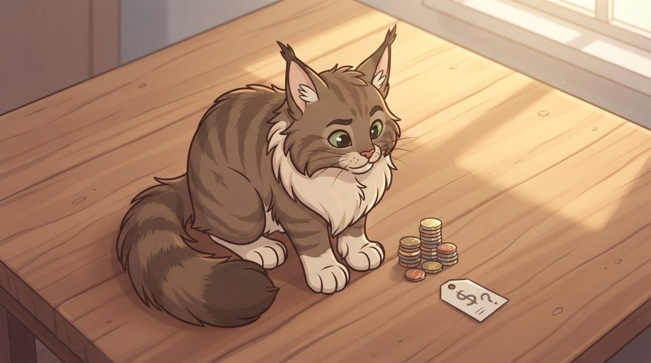 A fluffy brown tabby Maine Coon cat sitting on a wooden table next to a small stack of coins and a price tag with a dollar sign.