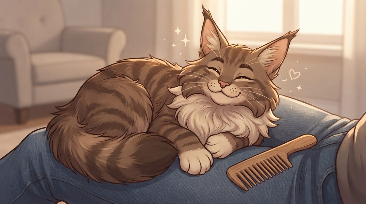 Maine Coon cat purring contentedly during a gentle grooming session