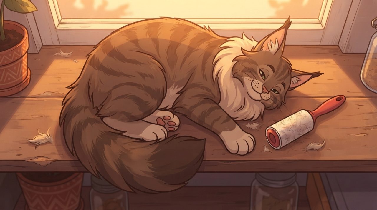 A fluffy brown Maine Coon cat resting on a wooden windowsill in warm sunlight next to a lint roller.
