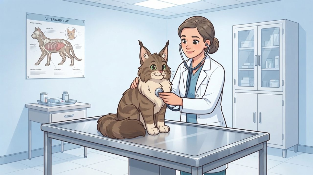 A friendly female veterinarian using a stethoscope to examine a fluffy brown Maine Coon cat on an examination table.