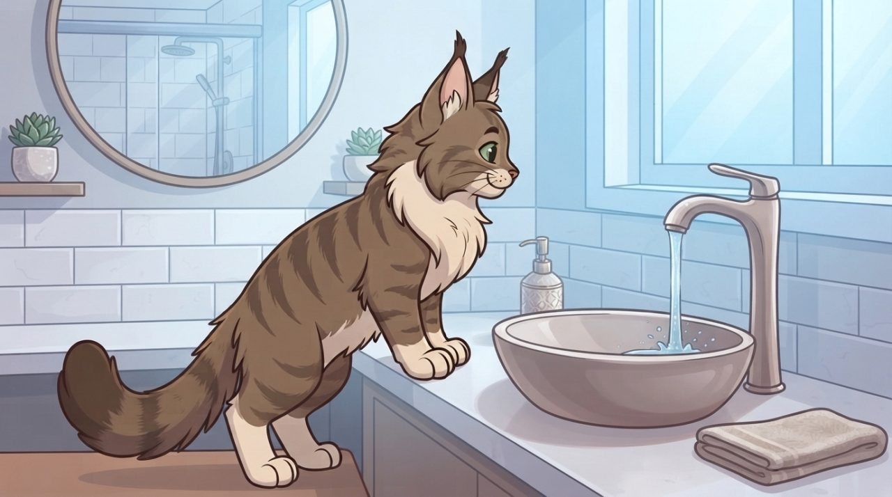 Cartoon Maine Coon cat standing on hind legs at a kitchen counter, staring intently at a running faucet
