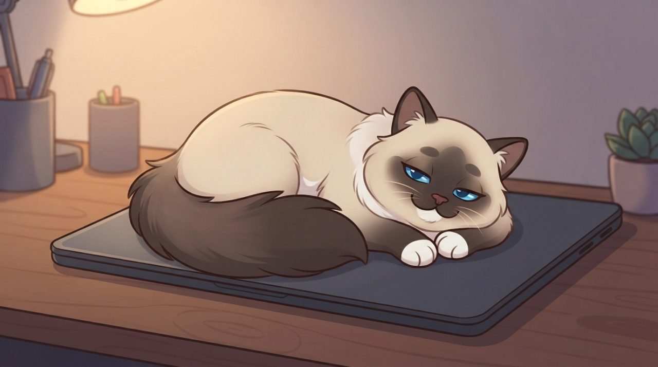 A sleepy Ragdoll cat curled up and resting on a closed laptop on a desk