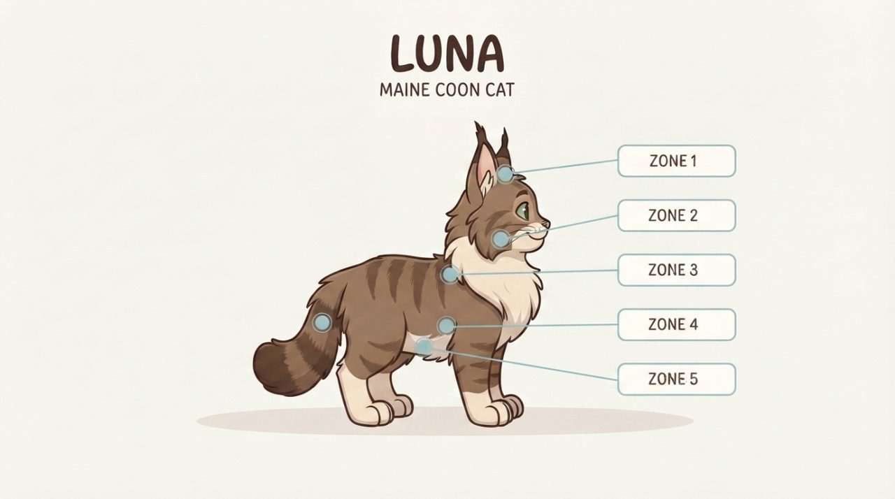 Diagram of Maine Coon mat prone areas including armpits, belly, and behind ears