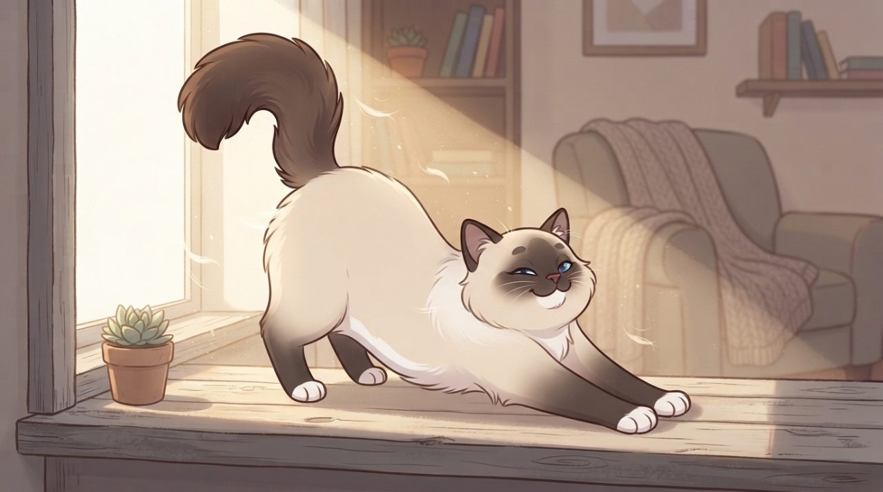 A Ragdoll cat stretching luxuriously on a sunny wooden windowsill next to a small potted succulent.