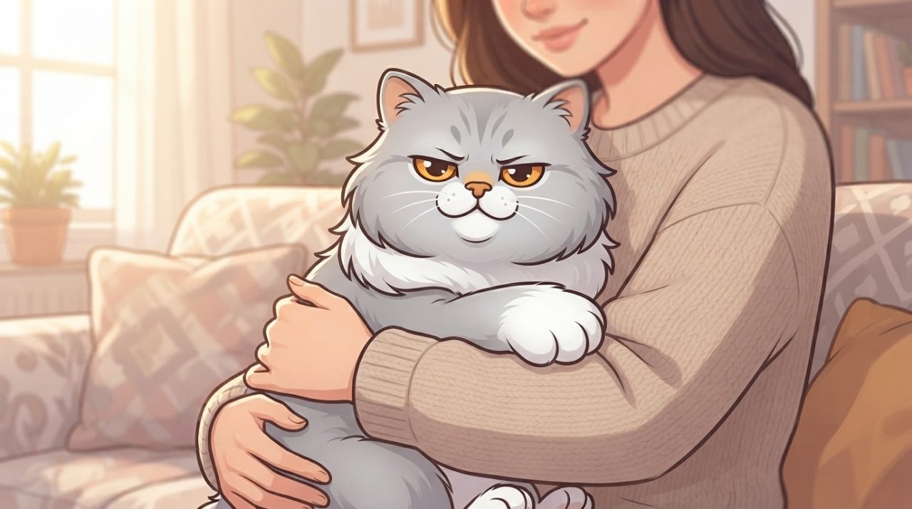 A fluffy grey and white Persian cat with an unimpressed expression being held snugly against a woman's chest in a cozy living room.