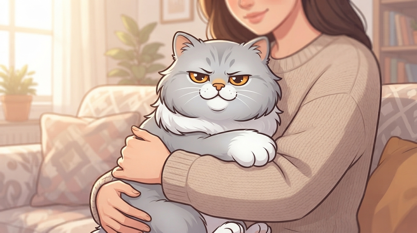 A fluffy grey and white Persian cat with an unimpressed expression being held snugly against a woman's chest in a cozy living room.