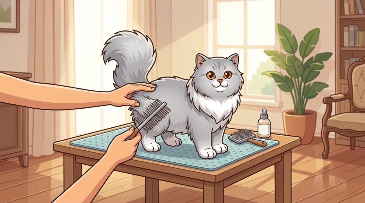 Illustrated cartoon grey Persian cat standing on a grooming table while a person brushes its long fluffy hindquarter fur with a metal slicker brush in a cozy room.