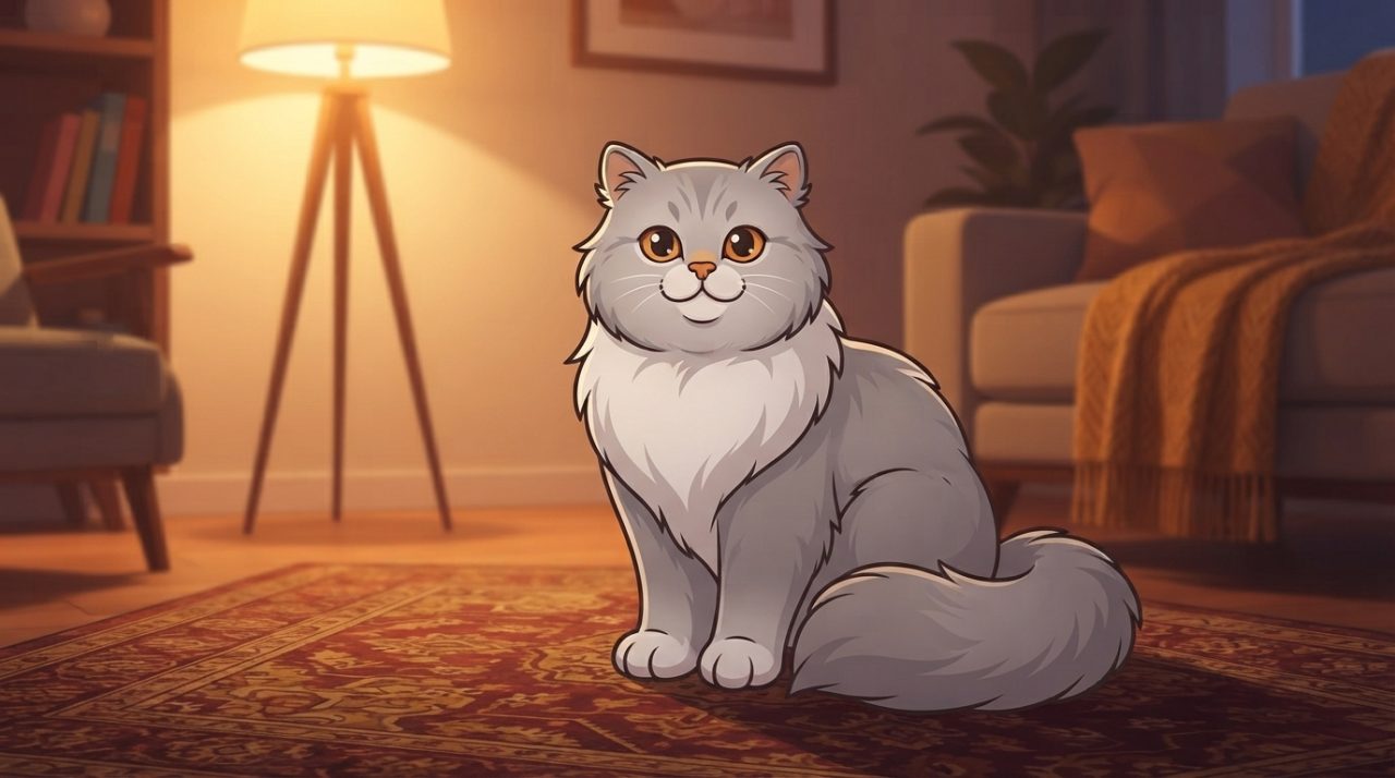 Cartoon Persian cat sitting calmly on a living room rug, giving a trusting and unblinking gaze under warm evening lamplight.