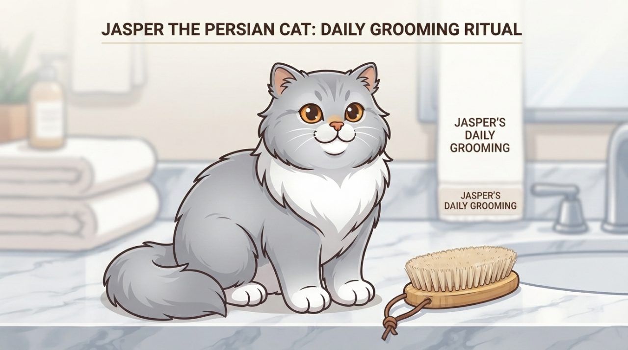 A fluffy silver-shaded Persian cat sitting patiently on a marble bathroom counter next to a grooming brush during its daily care routine.