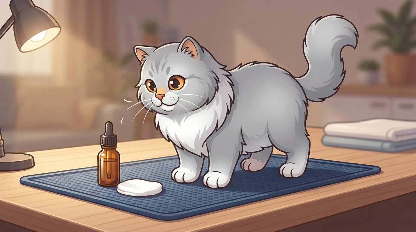 Fluffy grey Persian cat standing on a blue grooming mat next to an eye cleaner dropper bottle and cotton pad.
