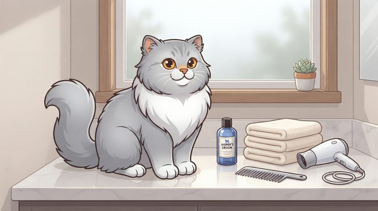A fluffy gray Persian cat sitting neatly on a clean bathroom counter next to a bottle of grooming shampoo, a stack of folded white towels, a comb, and a hair dryer near a window.