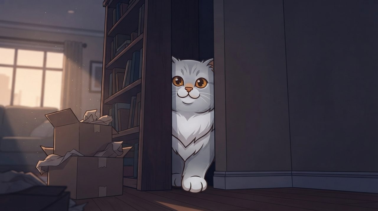 A grey and white Persian cat peeking out from behind a wooden bookshelf in a room with cardboard moving boxes.