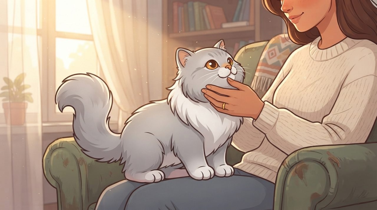 A cartoon Persian cat climbing into a woman's lap and pressing its face gently against her arm in a sunlit living room.