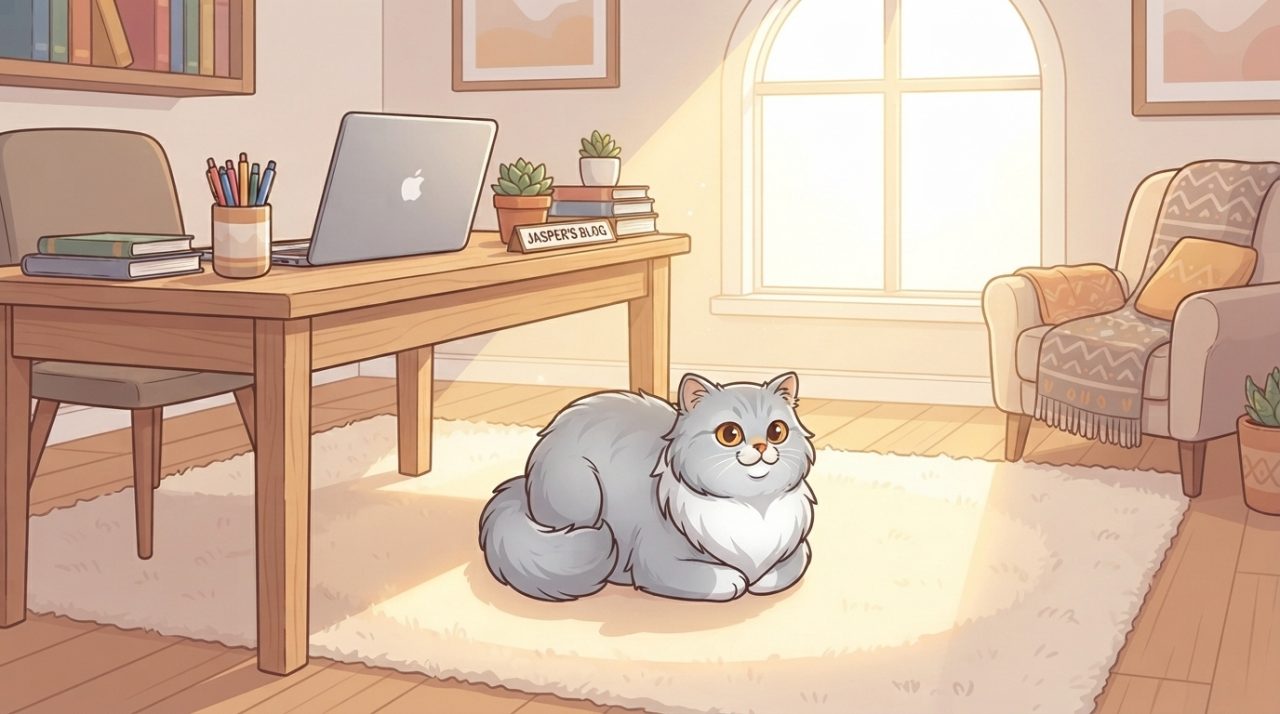 A fluffy silver shaded Persian cat resting in a perfect loaf position on a bright rug in a sunny home office next to a desk and laptop.