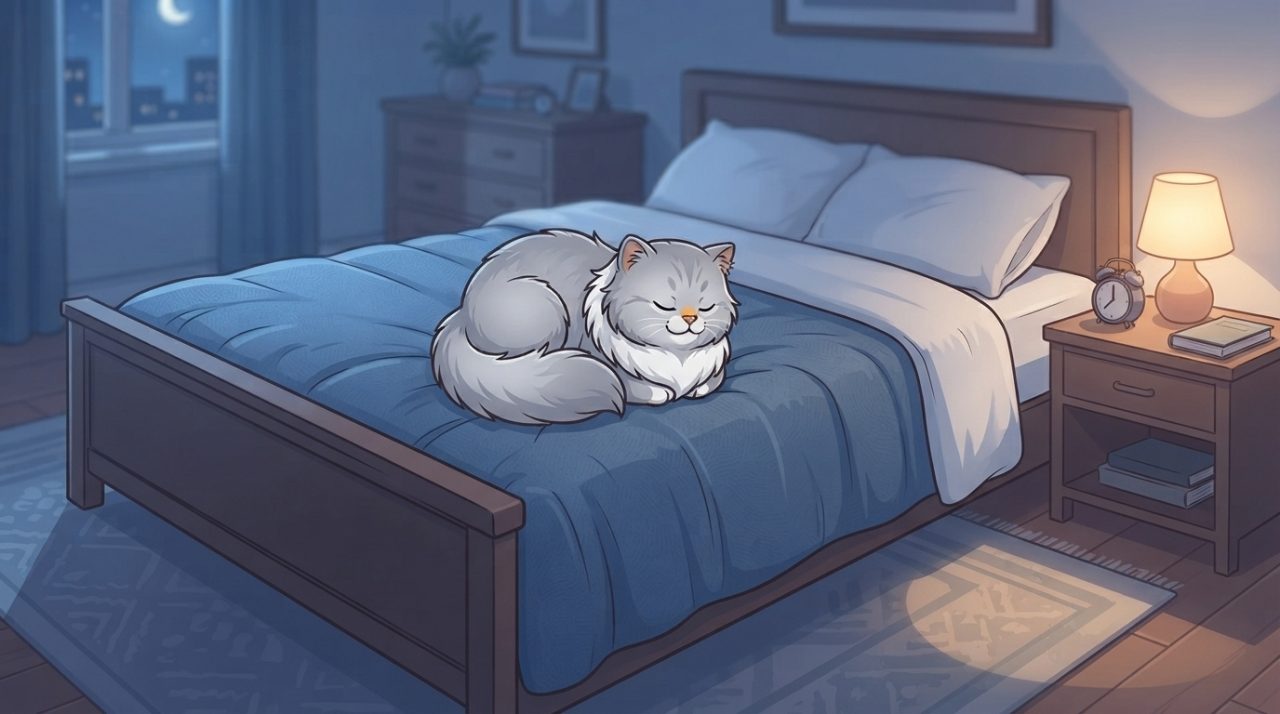 A fluffy grey and white Persian cat curled up fast asleep in the center of a neatly made blue-sheeted bed at night.