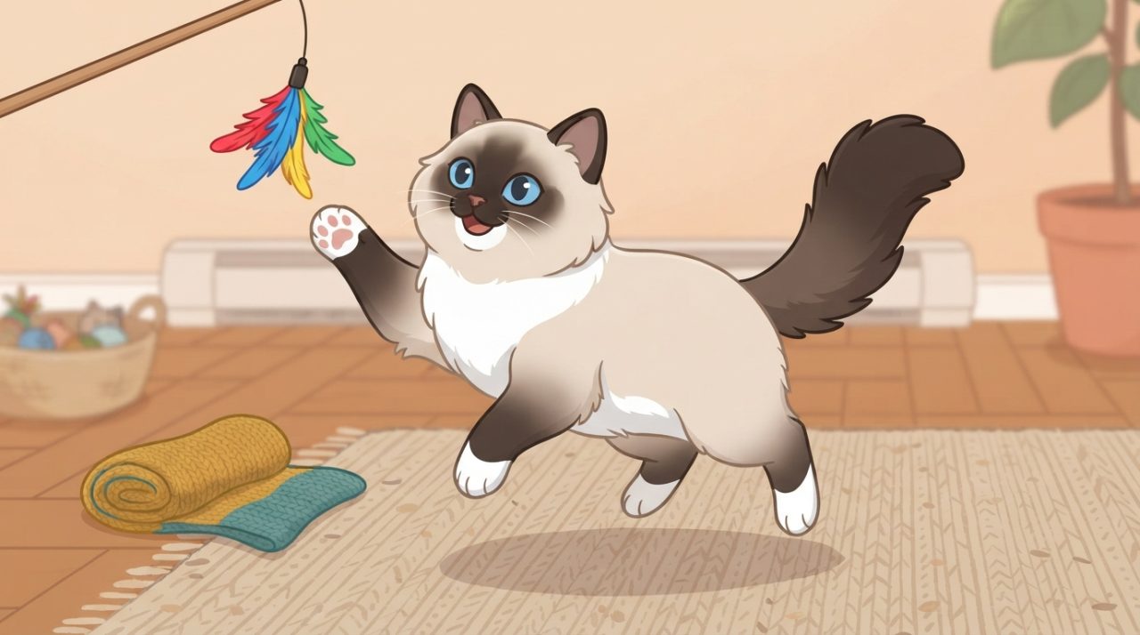A playful seal-point Ragdoll cat leaping and batting at a colorful feather wand toy in an indoor living space.