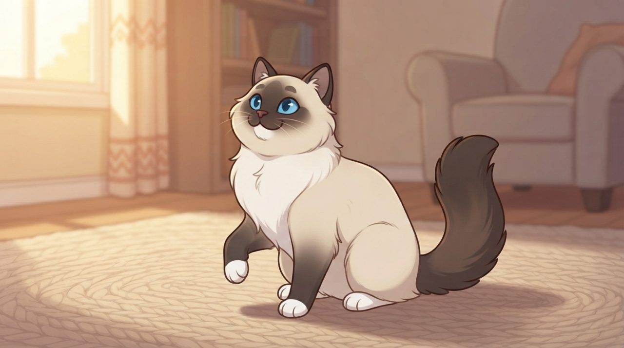 An alert colorpoint Ragdoll cat sitting upright on a braided rug in a sunlit living room