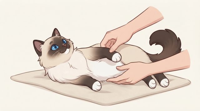 A seal-point Ragdoll cat lying comfortably on its back on a light-colored mat while a person gently checks its soft belly fur for tangles.