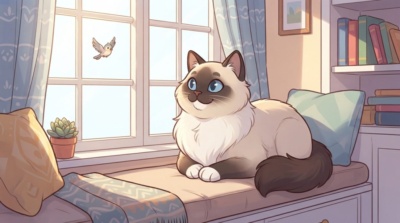 A fluffy Ragdoll cat sitting on a cozy window perch, looking intently at a small bird outside the window.