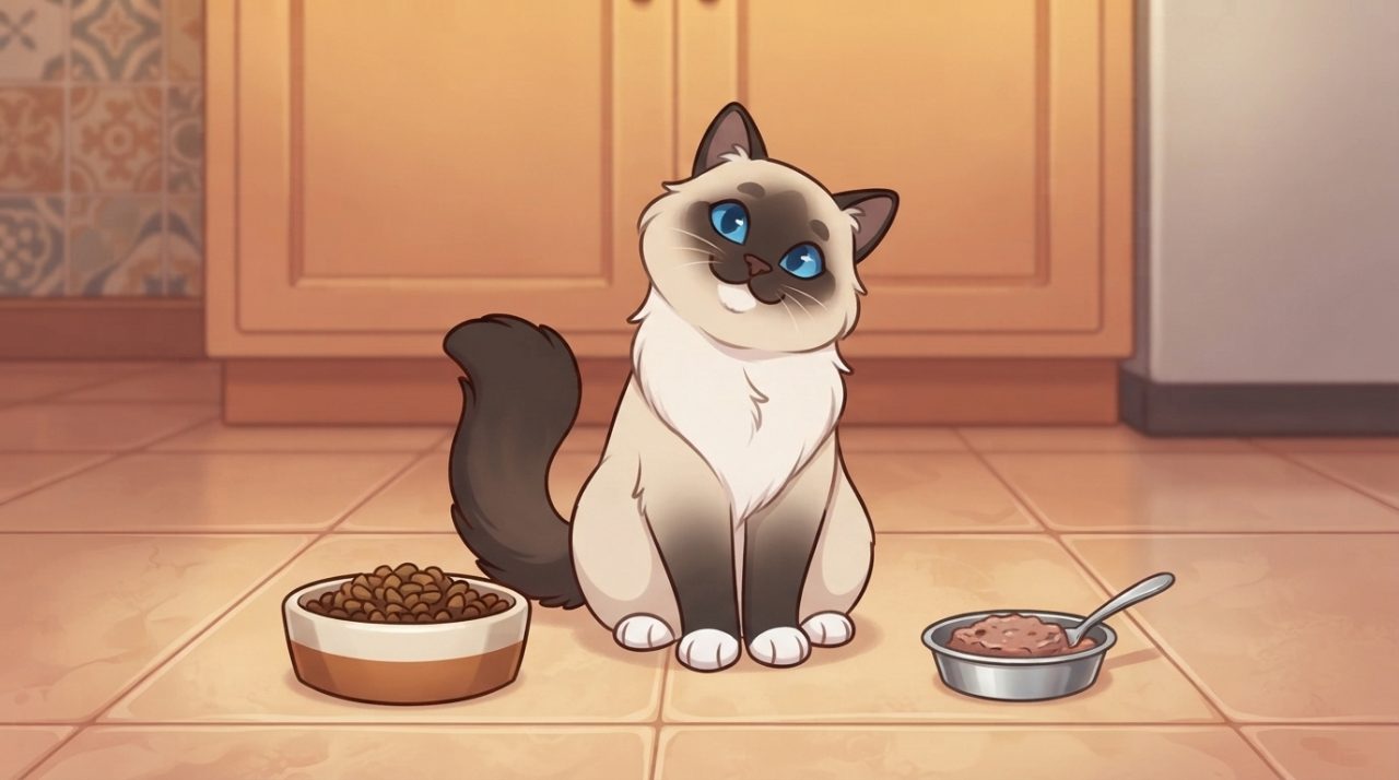 An illustrated Ragdoll cat sitting on a kitchen floor between a bowl of dry kibble and a bowl of wet food with a spoon.