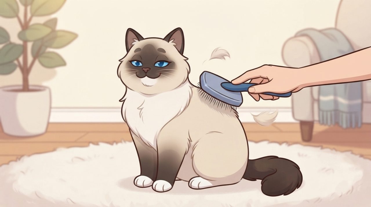 A seal-point Ragdoll cat sitting on a white rug while being gently brushed with a slicker brush by a person's hand.