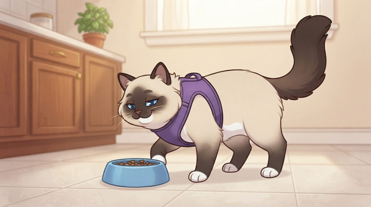 A Ragdoll cat wearing a purple harness while eating food from a blue bowl on the kitchen floor.