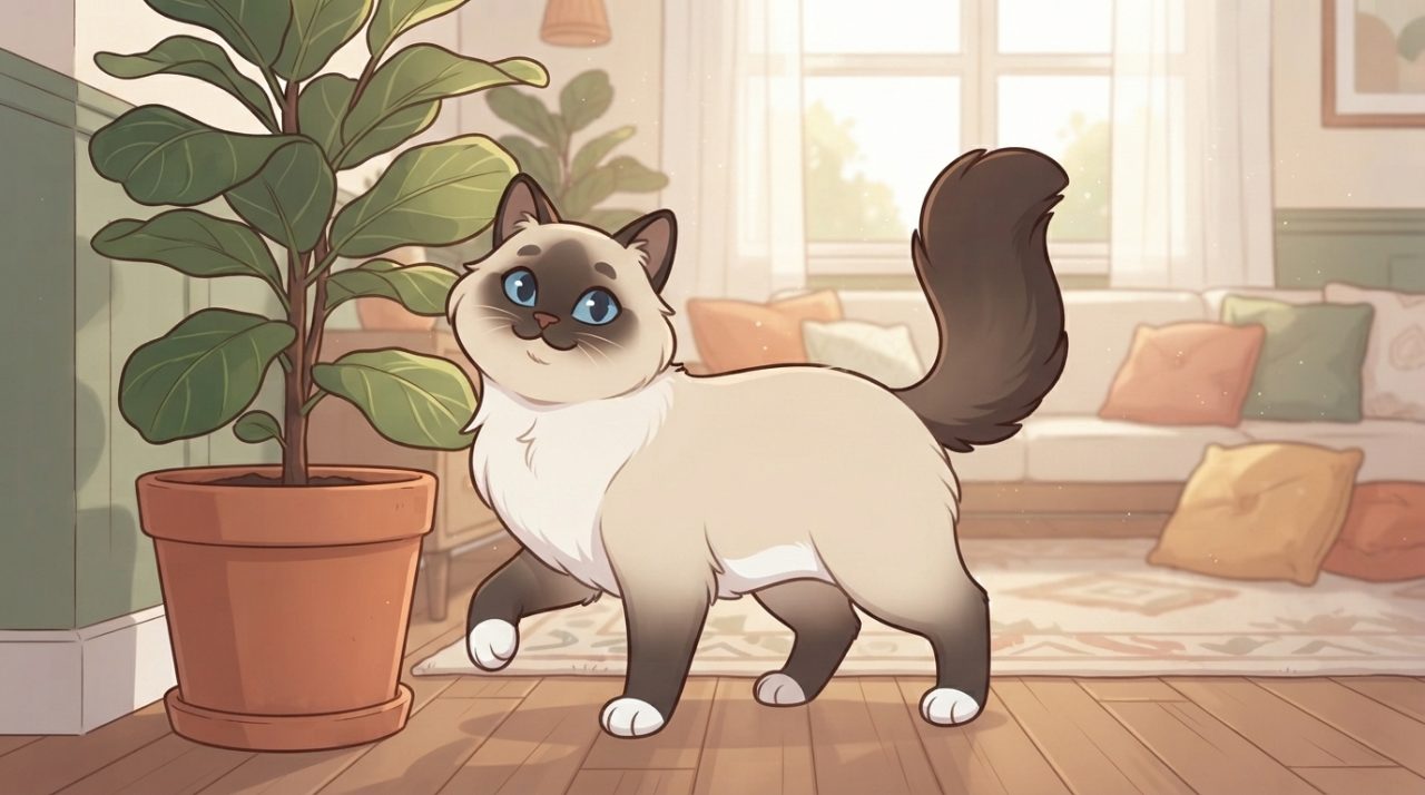A playful Ragdoll cat walking near a potted plant in a bright, cozy living room.
