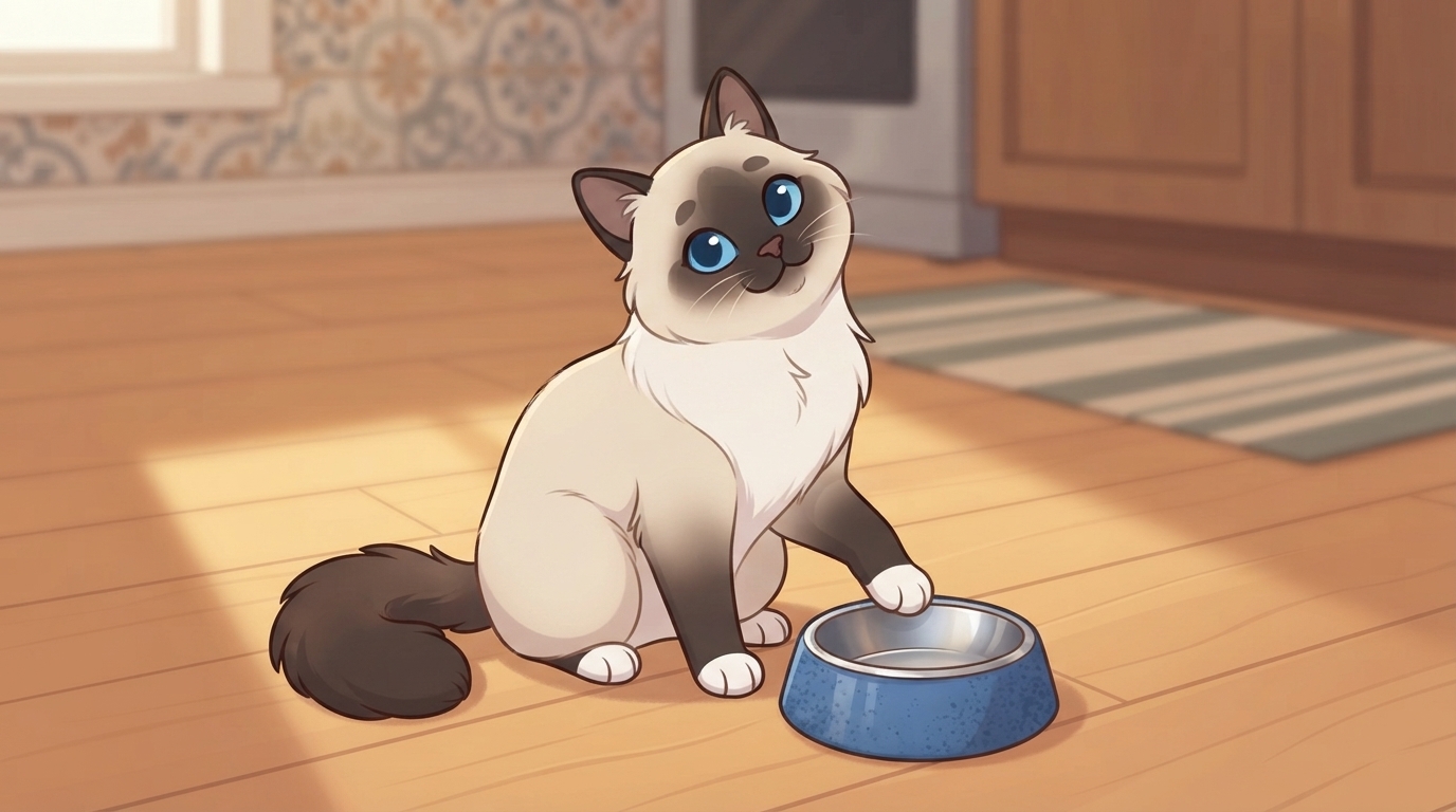 Ragdoll cat named Milo sitting beside an empty food bowl looking hungry