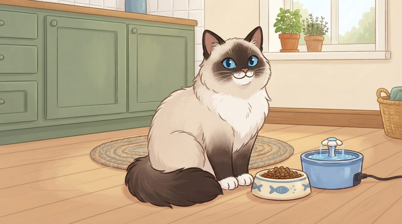 A seal-point Ragdoll cat sitting neatly next to a food bowl and a blue water fountain in a kitchen.