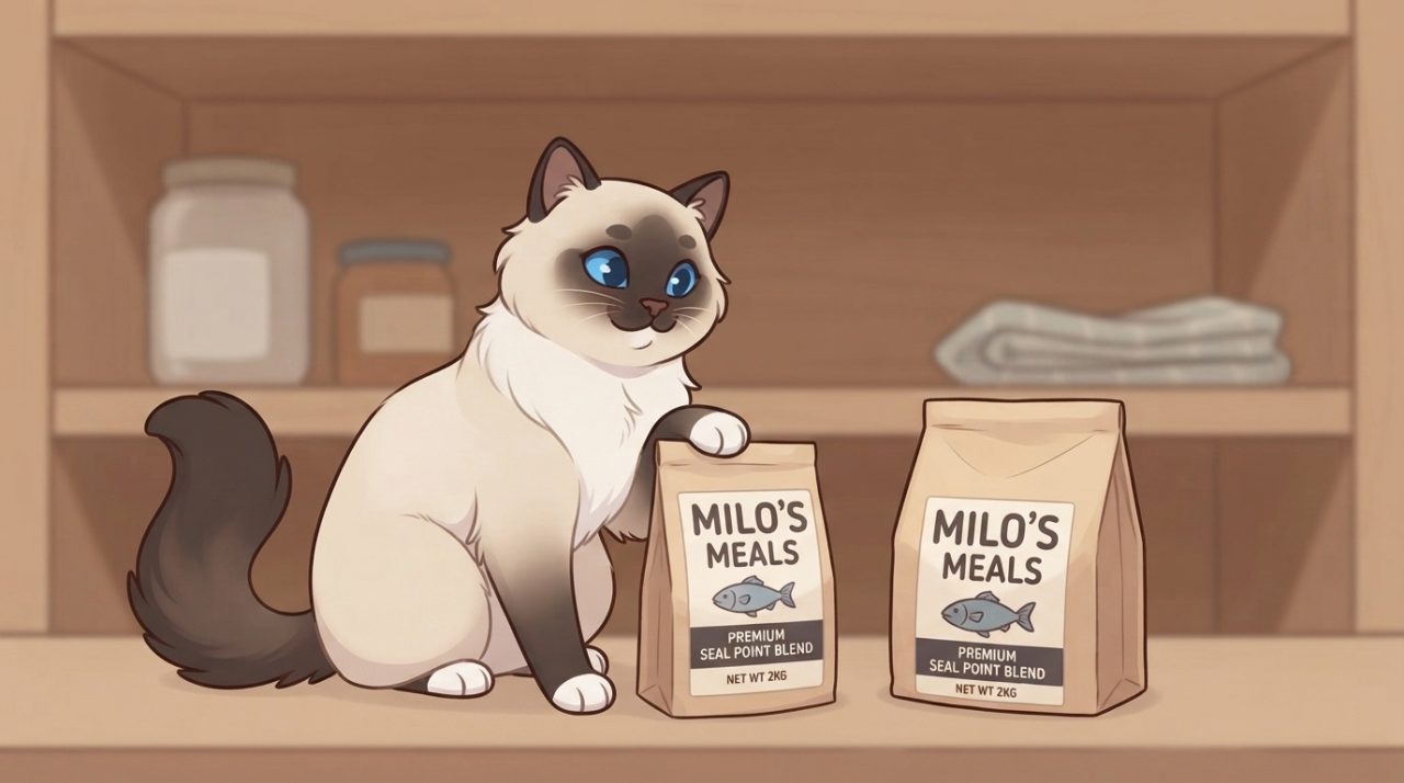 A cute Seal Point Ragdoll cat sitting on a shelf next to bags of premium cat food labeled Milo's Meals.