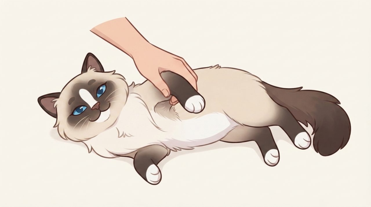 A seal-point Ragdoll cat lying on its back while a person gently holds one of its paws during a grooming session.