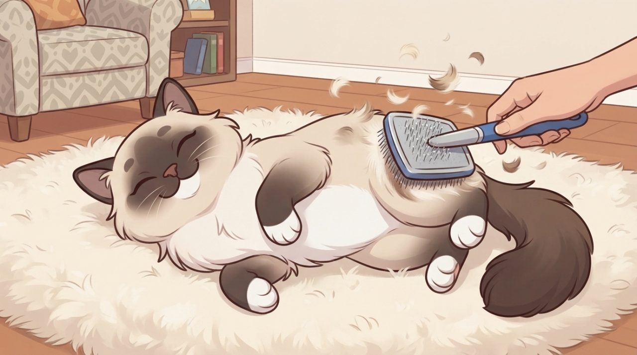 A happy Ragdoll cat lying on its back on a fluffy white rug while being brushed with a slicker brush to remove loose fur.