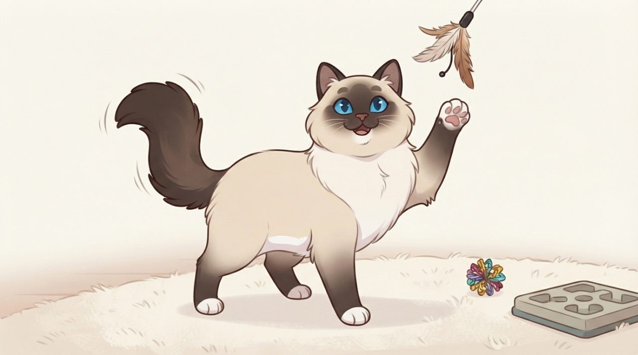 An illustrated seal point Ragdoll cat mid-play with one paw raised, batting at a feather wand toy with a puzzle feeder nearby.