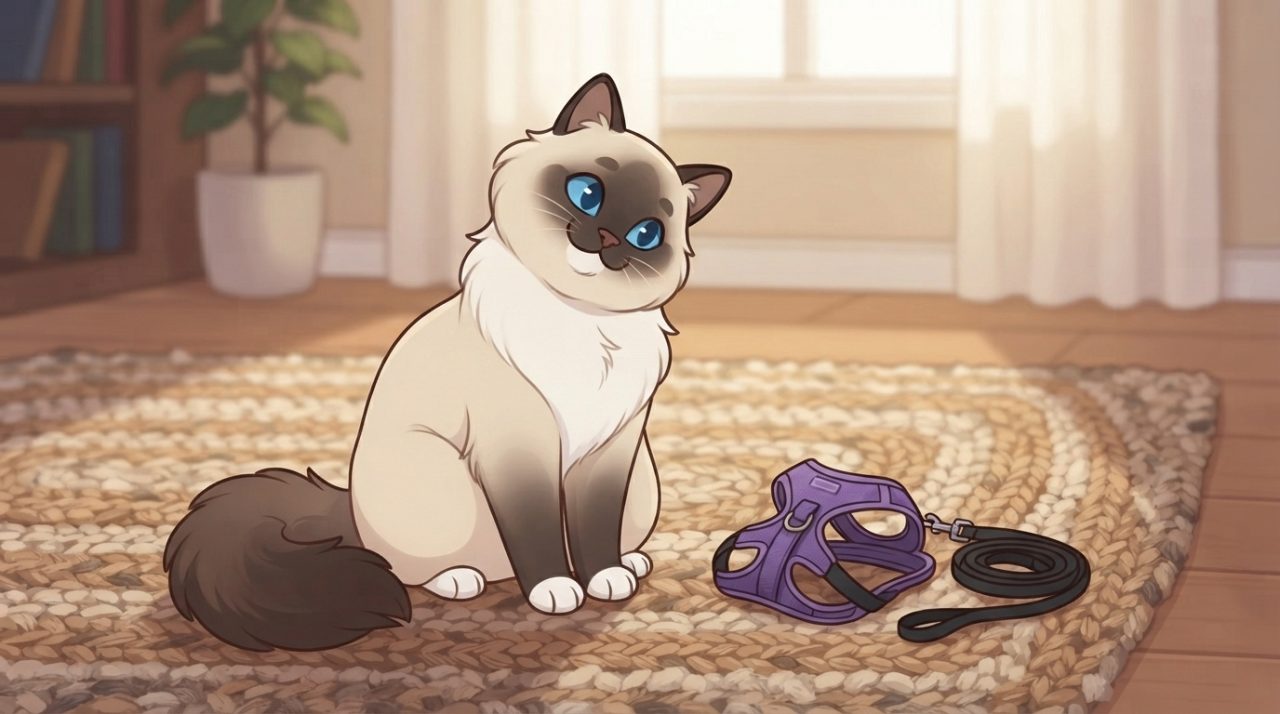 A cute Ragdoll cat sitting on a rug indoors and curiously looking at a purple cat harness and leash lying on the floor.