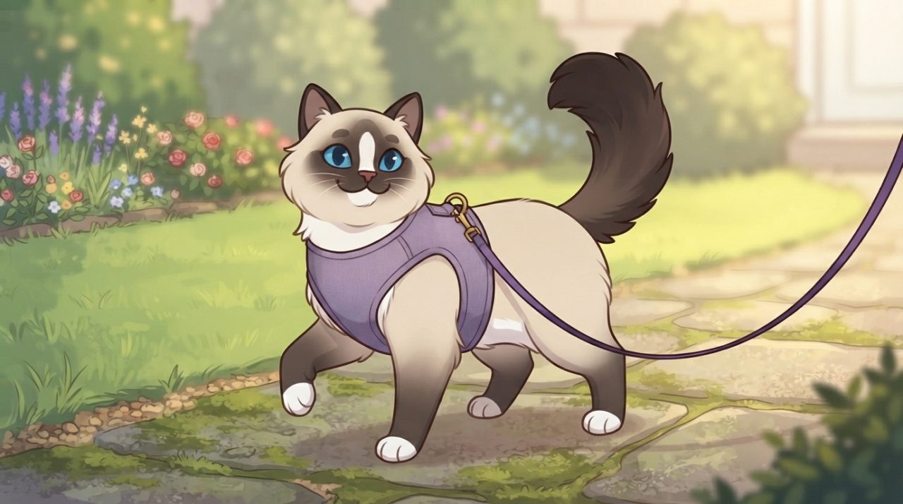 A happy Ragdoll cat wearing a purple harness and walking on a leash along a garden path with flowers and green grass.