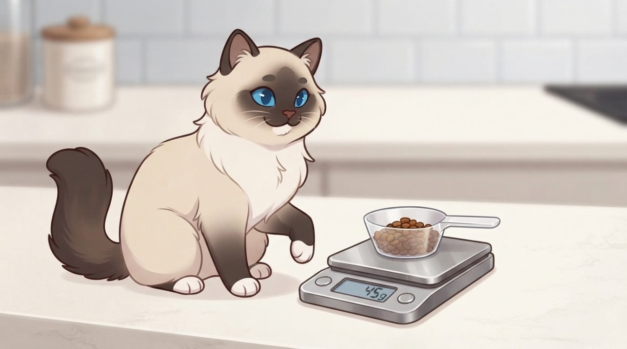 An illustrated Ragdoll cat sitting next to a kitchen scale measuring out a portion of cat food in a scoop.