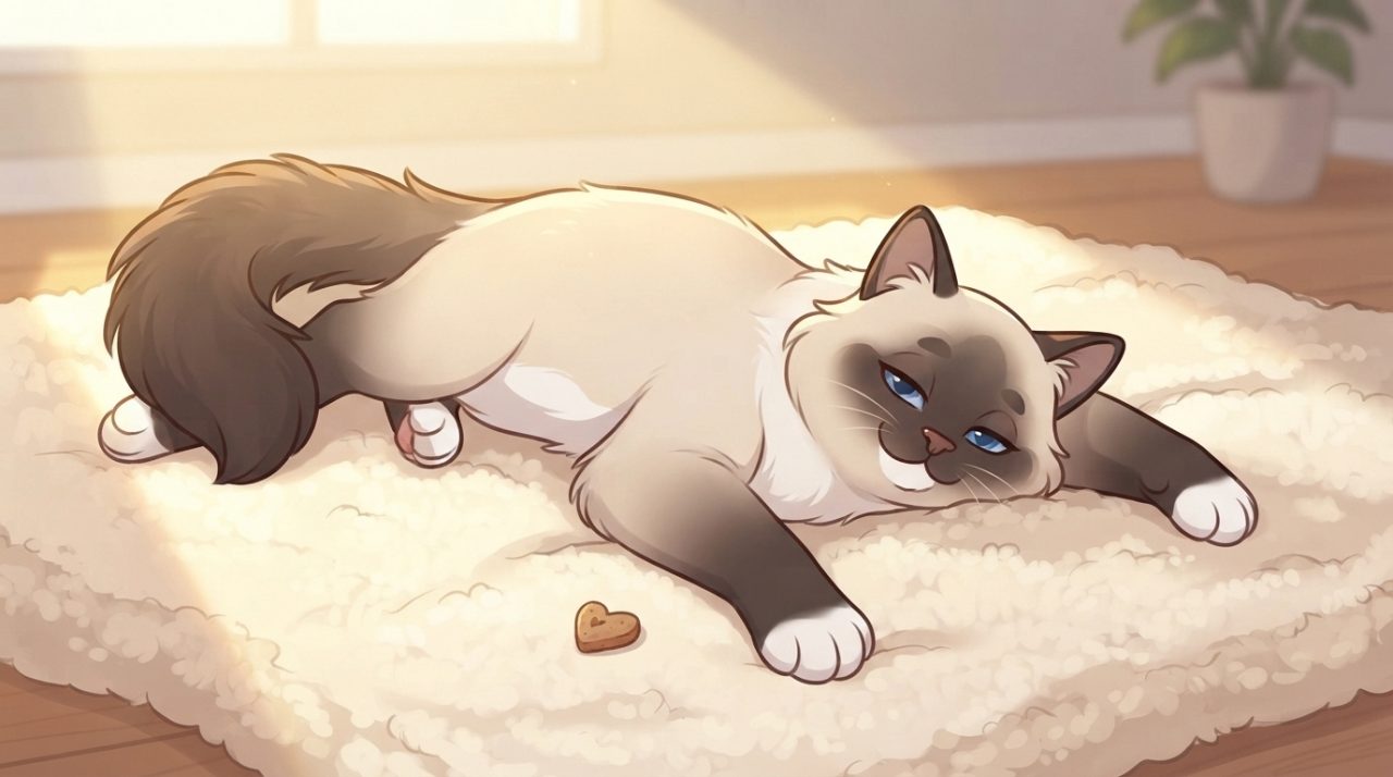 A seal point Ragdoll cat resting comfortably on a white fleece blanket in a sunny room.