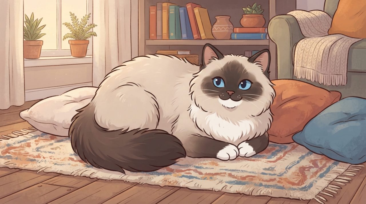 A fluffy seal-point Ragdoll cat with striking blue eyes resting on a patterned rug surrounded by pillows in a cozy living room.