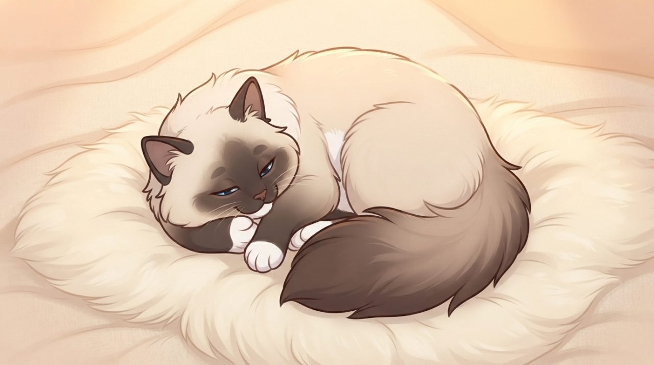 An illustrated Ragdoll cat with dark points and blue eyes curled up comfortably and resting on a fluffy white bed.