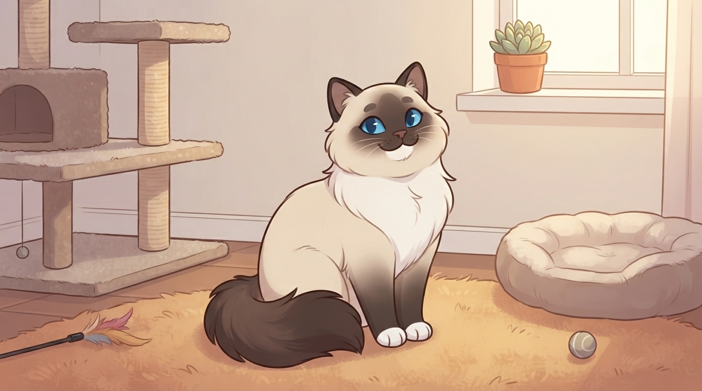 An illustrated Ragdoll cat sitting proudly in a cozy, sunlit room featuring a cat tree, plush pet bed, and a toy wand.
