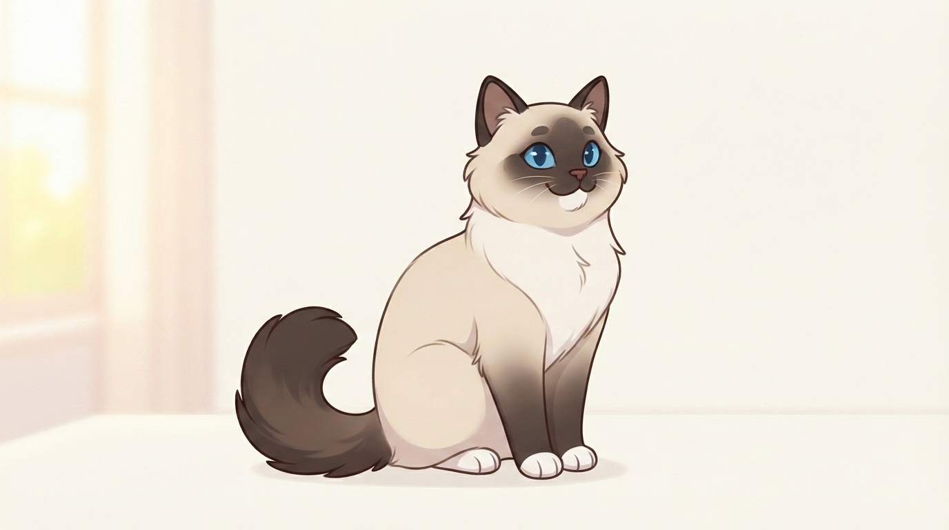 An illustrated Ragdoll cat with blue eyes and dark points sitting upright and attentively on a light surface.